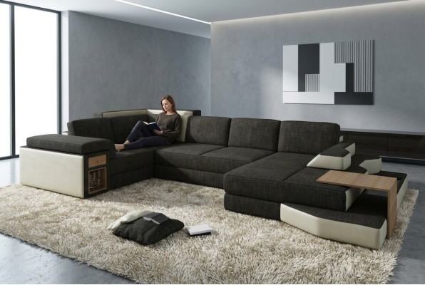 XXL Design Big Sofa with USB, Corner Sofa Couch Living Landscape U Shape Leather Textile Corner