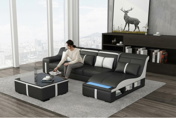 Design corner sofa USB LED + table upholstery corner seat leather suite living landscape