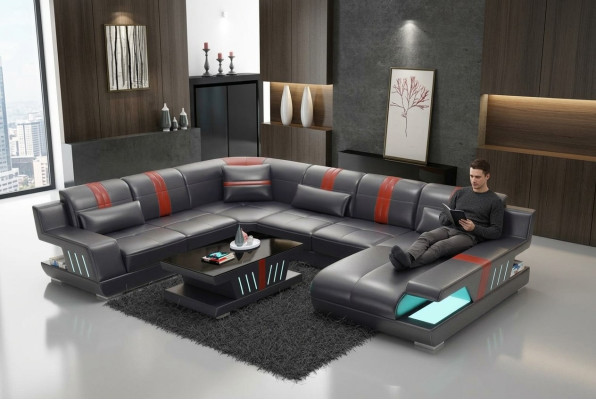 Sectional living room landscape sofa couch U-shape upholstered couches leather design illuminated