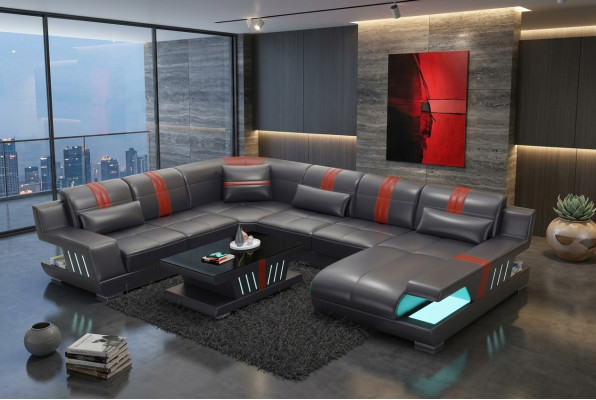 Sectional living room landscape sofa couch U-shape upholstered couches leather design illuminated
