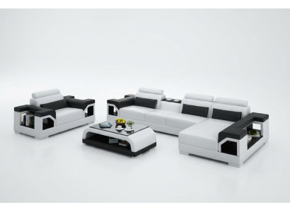 Leather sofa, living area, corner sofa, armchair, couch set, modern design sofa + USB