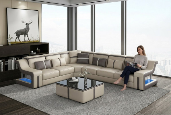 Sofa USB LED Upholstered Sofas Couches Landscape Furniture Seat Corner Set L Shape New