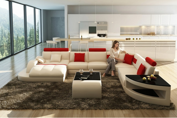 Multifunction XXL Big Leather Sofa with USB, Corner Living Landscape Corner Sofa Upholstery
