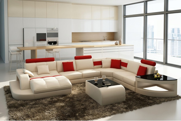 Multifunction XXL Big Leather Sofa with USB, Corner Living Landscape Corner Sofa Upholstery