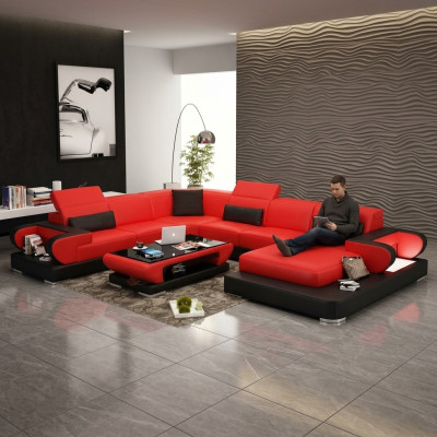 Sofa Corner Couch Functional Sofa + USB U Shape Faux Leather Beige Sleep Function