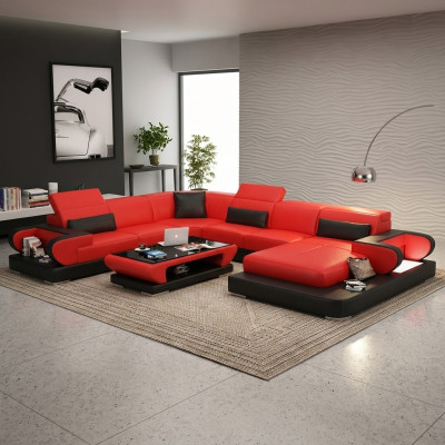 Sofa Corner Couch Functional Sofa + USB U Shape Faux Leather Beige Sleep Function