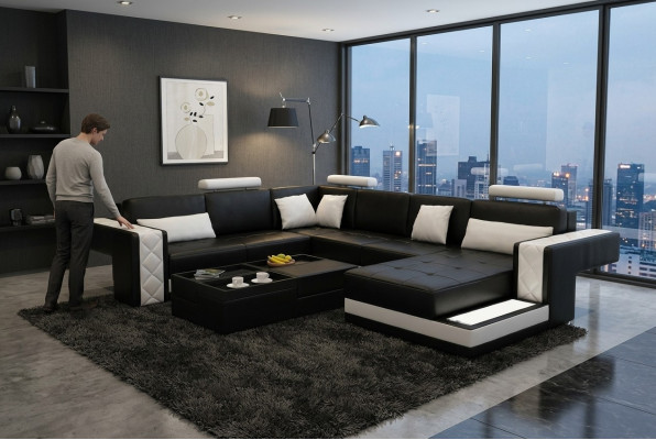 Design leather sofa corner sofa corner couch upholstered sofa corner USB + LED living landscape
