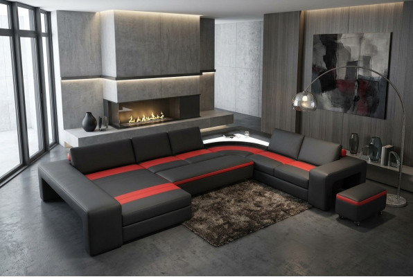 Living landscape corner sofa with LED & USB sofa upholstery couch set U shape leather