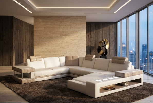 Sectional sofa with LED & USB living area sofa upholstery couch set U shape leather