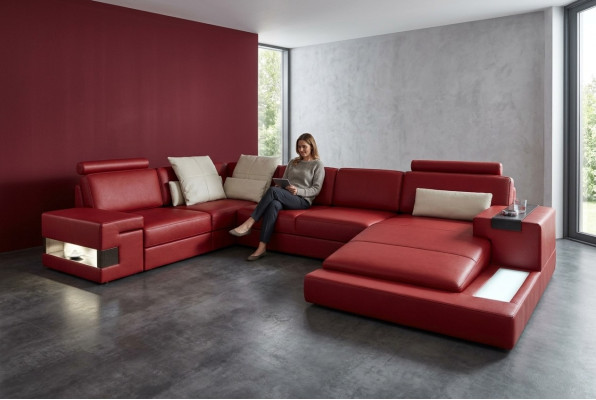Sectional sofa with USB & LED living landscape couch upholstery set U-shape leather