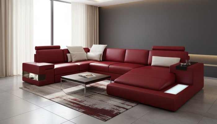 Sectional sofa with USB & LED living landscape couch upholstery set U-shape leather