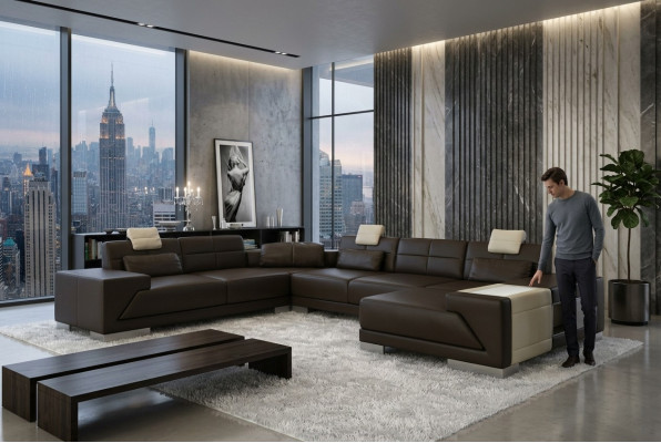 Living room U-shaped corner sofa with USB design sofa couch upholstery set corner brown