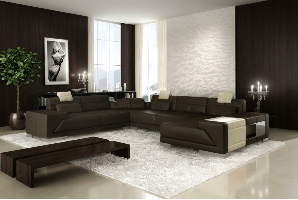 Living room U-shaped corner sofa with USB design sofa couch upholstery set corner brown
