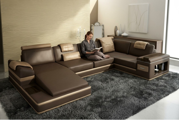 Sectional sofa USB + LED living landscape U shape upholstered couch leather sofa fabric leather
