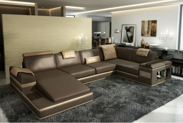Sectional sofa USB + LED living landscape U shape upholstered couch leather sofa fabric leather