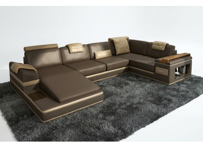 Sectional sofa USB + LED living landscape U shape upholstered couch leather sofa fabric leather