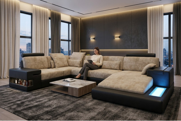 Sectional sofa, living landscape, U shape, cushion couch, leather sofa, fabric leather, USB + LED
