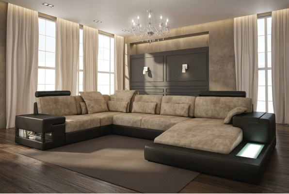 Sectional sofa, living landscape, U shape, cushion couch, leather sofa, fabric leather, USB + LED