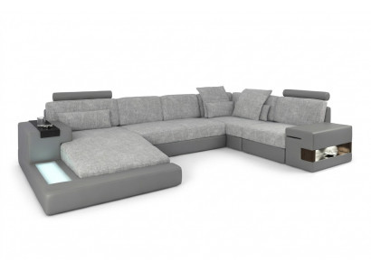 Corner sofa living landscape U-shape leather sofa couch upholstery fabric leather USB + LED