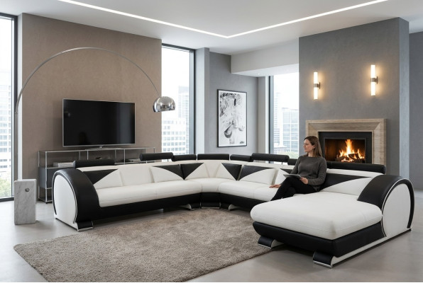 Leather U-Shape Sofa with USB Corner Sofa Upholstered Sofa Leather Couch Seating Corner Set Angle