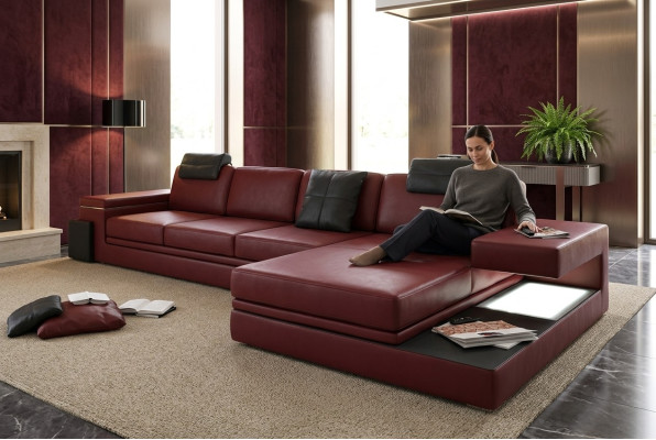 Red design living room couch fabric sofa upholstery corner textile set LED + USB