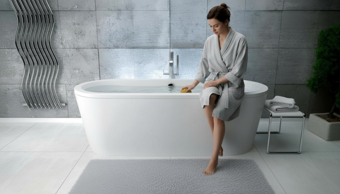 Oval acrylic bathtub exclusive, freestanding design, new bathroom.