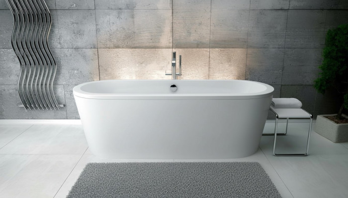 Oval acrylic bathtub exclusive, freestanding design, new bathroom.