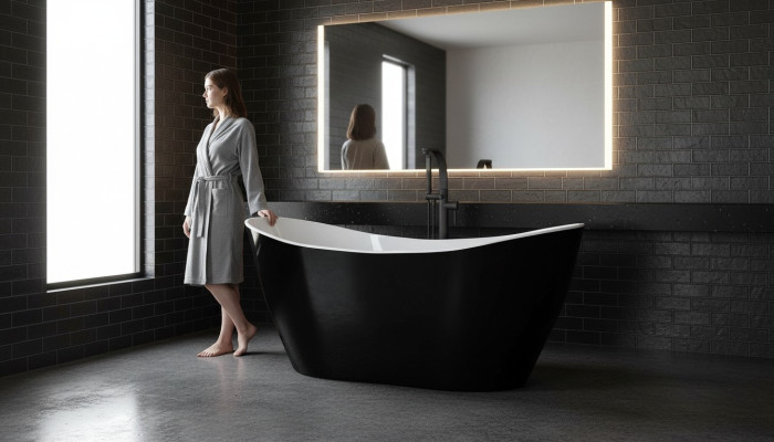 Black designer bathtub, freestanding luxury tub in black.