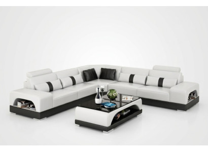 Corner sofa with USB, couch sofa living landscape seat corner set leather textile sand color