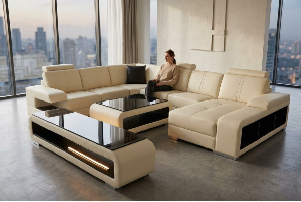 Modern corner sofa living landscape couch table sideboard sofa USB corner suite 3-piece.