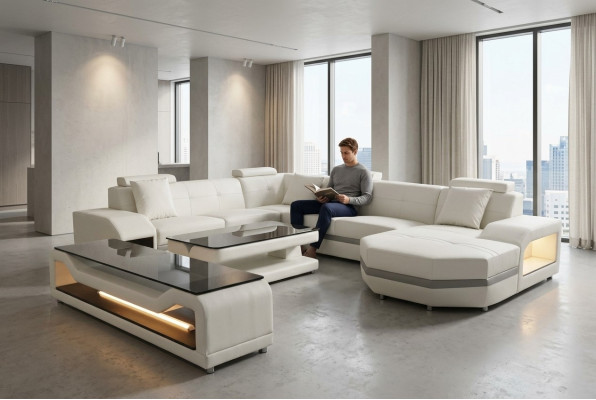 Leather sofa couch upholstery corner seating set living landscape U shape couches +USB