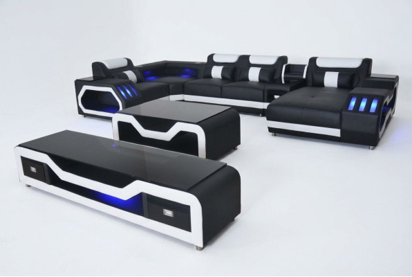 Leather Sofa Corner Set Design Sofa Living Landscape + Couch Table + RTV USB New