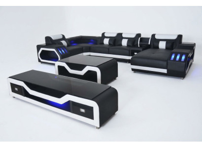 Leather Sofa Corner Set Design Sofa Living Landscape + Couch Table + RTV USB New