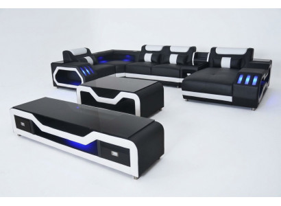 Leather Sofa Corner Set Design Sofa Living Landscape + Couch Table + RTV USB New