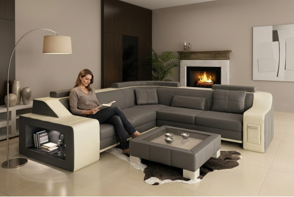 Sectional leather and fabric sofa with USB upholstery, living room landscape L-shaped set seating Isching