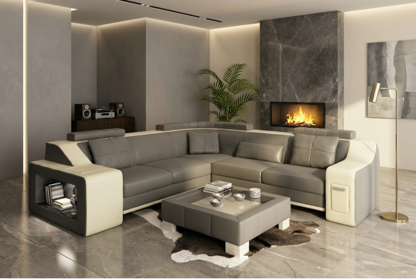 Sectional leather and fabric sofa with USB upholstery, living room landscape L-shaped set seating Isching