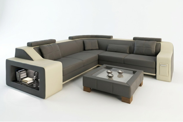 Sectional leather and fabric sofa with USB upholstery, living room landscape L-shaped set seating Isching