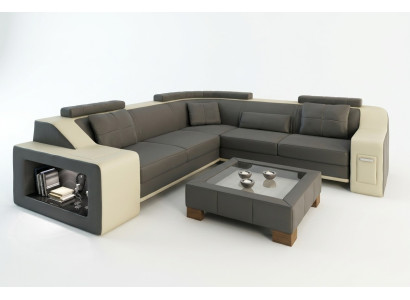 Sectional leather and fabric sofa with USB upholstery, living room landscape L-shaped set seating Isching