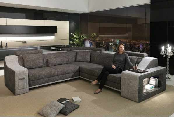 Corner sofa leather textile sofa with USB upholstery living landscape L set seat Isching