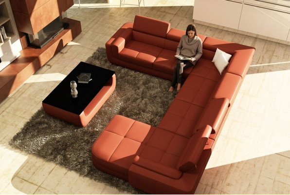 Upholstered Leather Sofa Sofa + USB Living Landscape U Shape XXL Big Orange Couch Corner Sofa