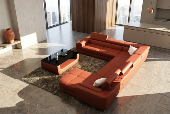 Upholstered Leather Sofa Sofa + USB Living Landscape U Shape XXL Big Orange Couch Corner Sofa