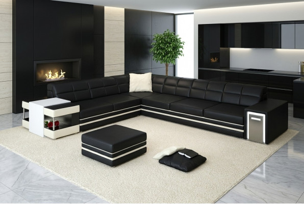 Corner sofa, sofa, USB upholstery, leather living landscape, corner suite, L-shaped leather sofa 3026