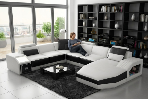 Corner sectional sofa design with USB upholstered seats U-shape white PHM110