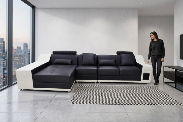 Modern XXL corner leather couch, living landscape leather sofa with USB, L-shape B2017B