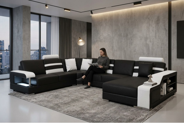 Corner sofa with USB, upholstered seat, leather couches, sofa set, living landscape.