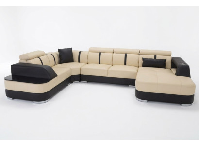 Designer landscape sofa with USB, large cushion leather sofas, corner seat, black