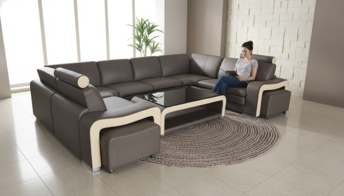 Leather sofa with USB, living area, corner sofa, corner suite, design, modern sofa