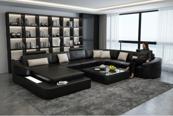 Luxury leather sofa upholstery modern seating suite corner couch living area LED USB