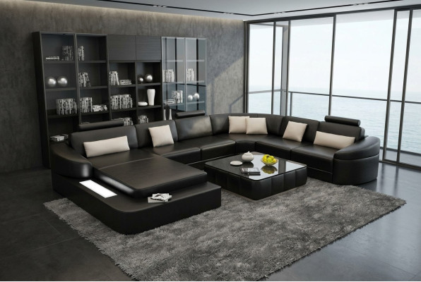 Luxury leather sofa upholstery modern seating suite corner couch living area LED USB