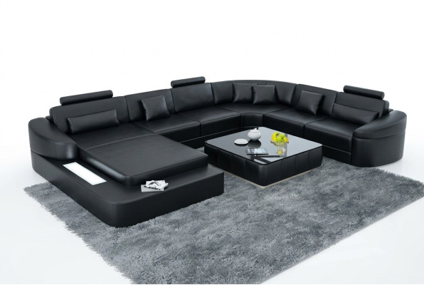 Luxury leather sofa upholstery modern seating suite corner couch living area LED USB